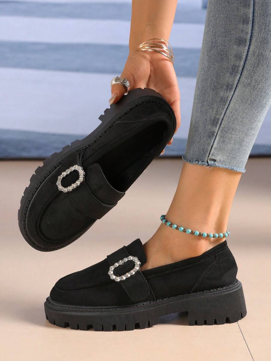 New Women's Rhinestone Decorated Suede Solid Color Retro Loafers Thick Platform Serrated Sole Slip-On Wedge Pumps Fashion Versatile - Black - View 1