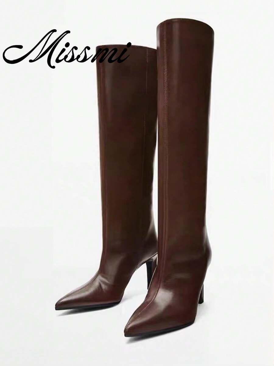 New Pointed Toe High Heel Tall Boots Vintage Style Wide Shaft Knee-High Stiletto Heel Riding Boots - Brown - View 1