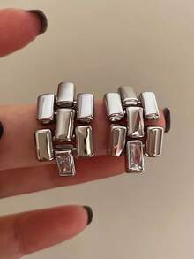 1 Pair Fashionable Luxury Geometric Square Patchwork Earrings Suitable For Women's Daily Commute Wear - Silver - View 7