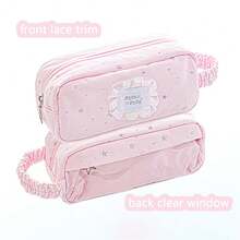 Rosyposy 1pc Cute Star Print Ita Bag Pencil Case With Clear Plush Doll Window, Large Capacity Pencil Pouch With Ruffle Handle, School Stationery - Lace Window - View 10