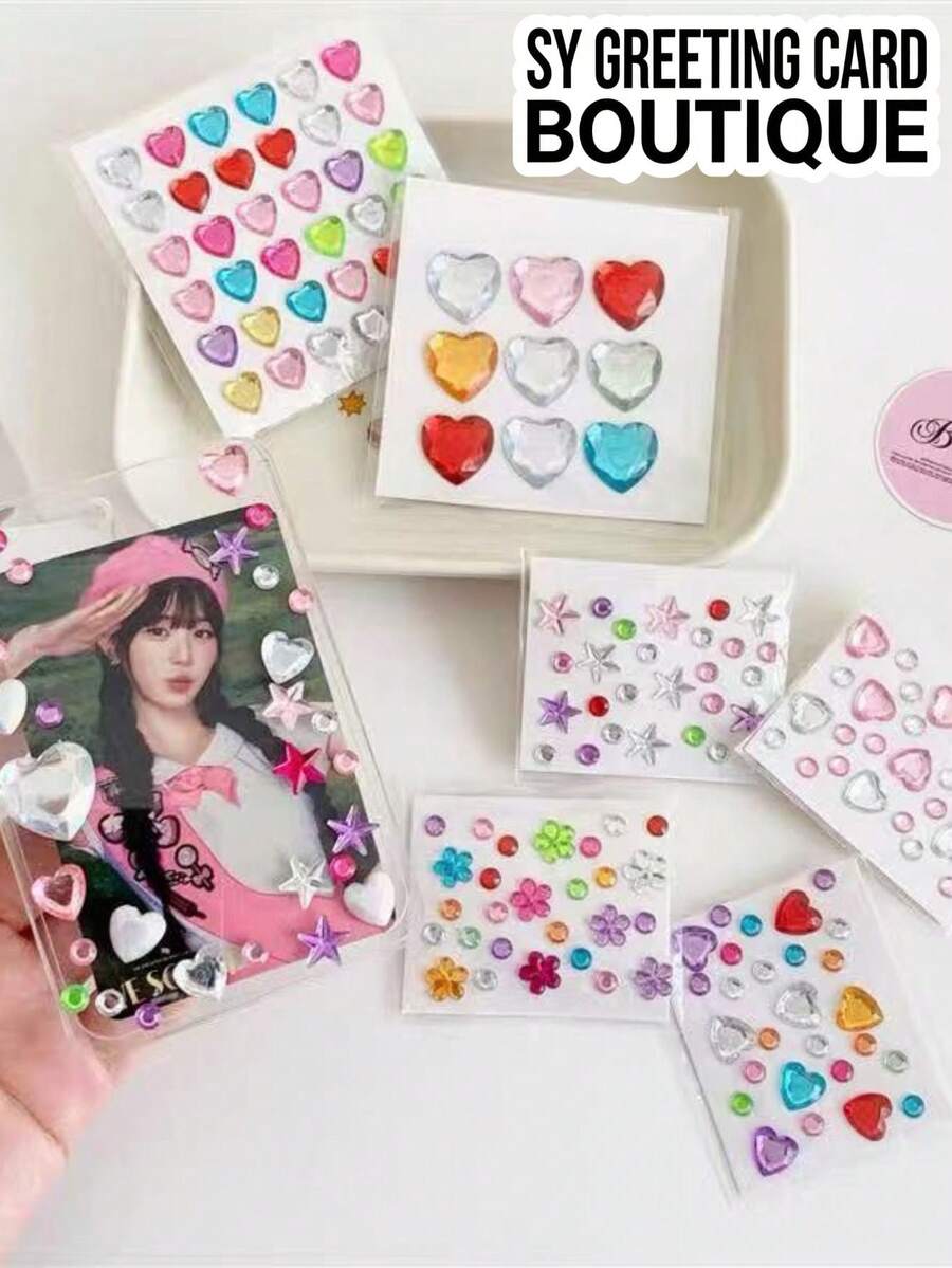 6pcs Random Mixed Color Faux Crystal Decorative Stickers, Heart + Star + Flower + Round Rhinestone Multi-Shape Acrylic Self-Adhesive Stickers, Used For Photo Frame, Shell, Daily Supplies Decoration, Diverse Shapes And Colors With Packaging - Decorative Stickers - View 1
