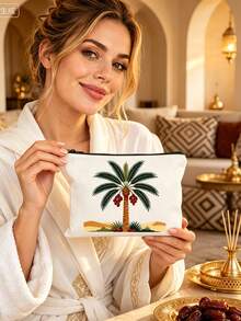 Date Palm Tree Print Makeup Bag, Portable Zipper Cosmetic Pouch, Desert Style Travel Toiletry Storage Bag For Women,Middle Eastern Style,Boho Desert Pattern,Arabic Style, Lightweight, Multi‑Purpose, Gift For Her, Daily Cosmetic Storage - Multicolor - View 5
