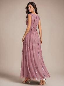 EVERPRETTY Autumn Elegant Luxury Sequin Embroidered Formal Evening Gown Suitable For Wedding Guest, Bride's Mother, Party And Semi-Formal Occasions - Dusty Pink - View 4