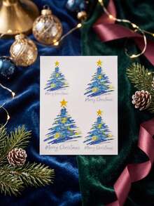 1pc Blue & Gold Christmas Tree Pattern Decorative Sticker With Tweezers, Featuring "Merry Christmas" Text, Adhesive Backing Design, Suitable For Water Cups, Gift Boxes, Containers, Books Surface Decoration - Christmas Style - View 3