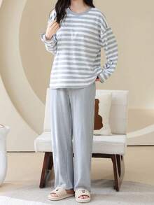 Women's Casual Classic Black & White Striped Print Knit Crew Neck Long Sleeve Pants Pajama Set - Light Grey - View 5