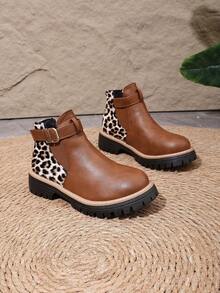Sepatu Boot Ankle Wanita Klasik Vintage Motif Macan Tutul Patchwork dengan Gesper Logam, Slip-On, Fashion Serbaguna - Coklat - View 2