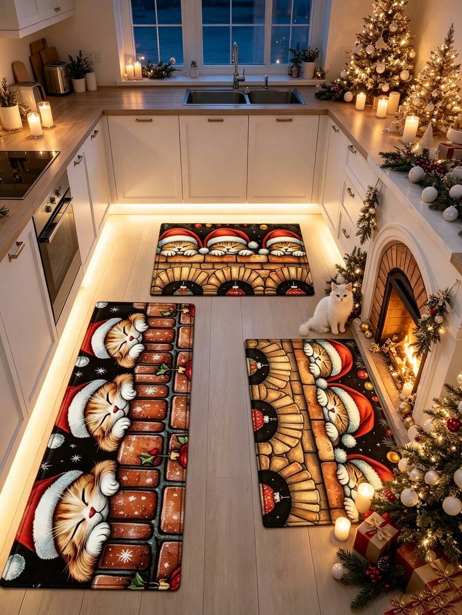 1件裝貓咪聖誕廚房地墊 加厚絨毛地毯 秋冬款 廚房墊 門墊 小地毯 長條地毯 地板墊 家居裝飾 區域地毯 戶外墊 臥室地毯 可機洗 - 彩色 - 查看 1