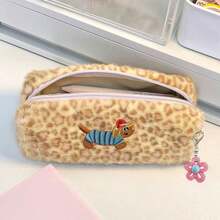 Plush Leopard Print Pencil Case, Cute Dachshund Embroidery Large Capacity Pencil Pouch With Flower Charm, Portable Cosmetic Storage Bag, Suitable For Office And School Supplies - Single Piece - View 2