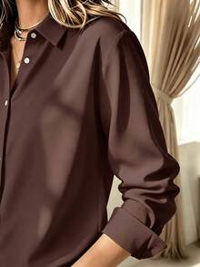 Christmas Vintage Casual Fashion Solid Color Women's Lightweight Button Long Sleeve Blouse Open Front Coffee Brown Top - Coffee - View 6