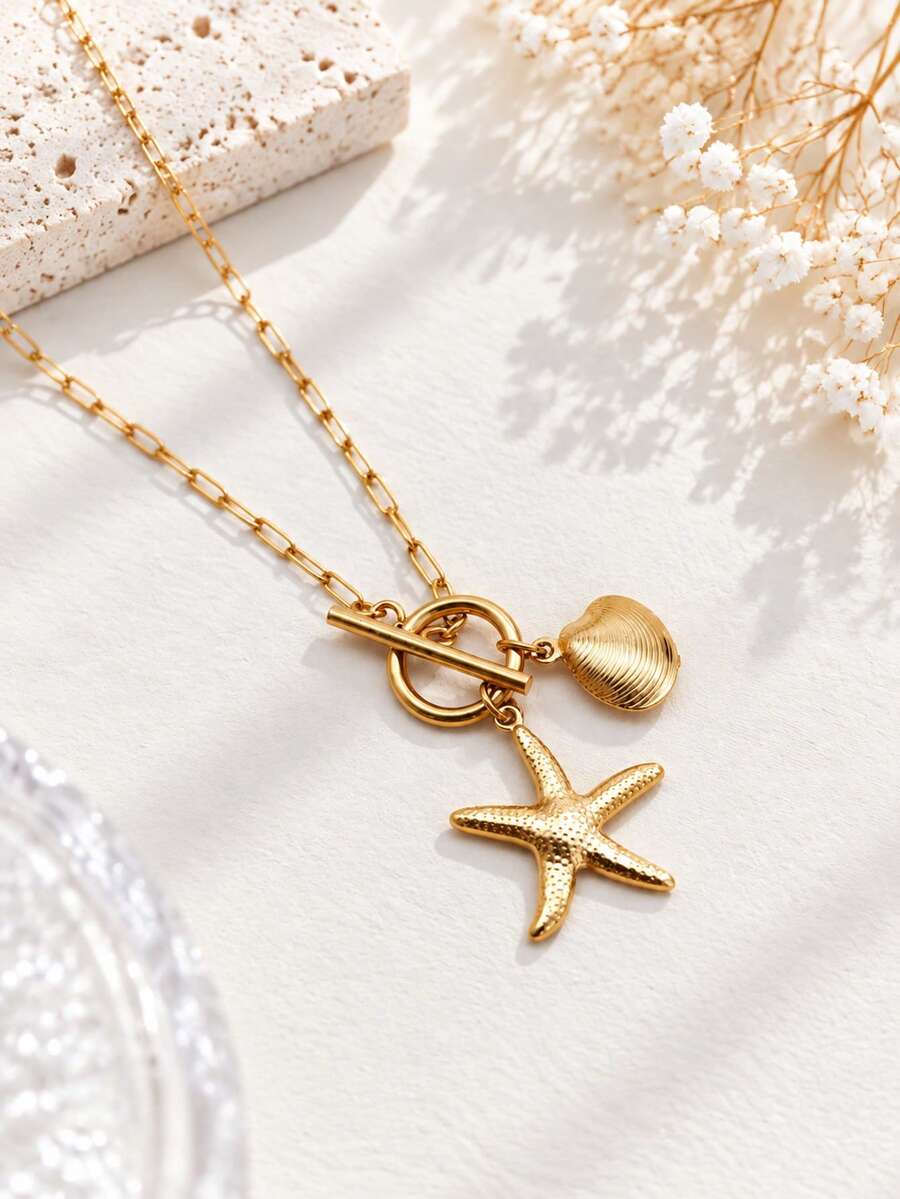 1pc Stainless Steel 18K Gold Plated Ocean Style Hollow Starfish & Scallop Shell Pendant OT Clasp Necklace - Multicolor - View 1
