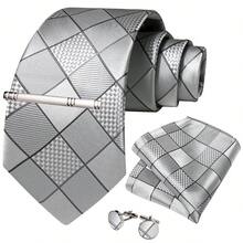 Men's Tie 4pcs Set Silver Grey Fine Plaid Pattern Handkerchief Cufflinks Silver Tie Clip Business Wedding Formal Outfit Matching - Light Grey - View 2
