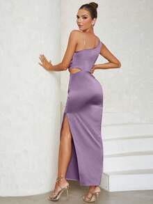 Cold Shoulder Sleeveless Solid Color Ruched Waist Cutout Slit Bodycon Dress - Purple - View 2