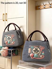 Printed With Yarn, Scissors And Knitting Needles, This Handbag Can Store Sewing Tools, Cosmetics And Small Personal Items. Multiple Fresh Striped Color Combinations, Suitable For Handmade Enthusiasts And Commuters, Artistic Handmade Healing Style, Perfect As A Practical Creative Gift For Girls Who Love Knitting And Sewing - Multicolor - View 8