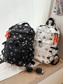 White Cute Baseball Panda Print Backpack, Drawstring Mesh Pocket Large Capacity Casual Daypack Lightweight Multi‑Pocket Rucksack For Teens Outdoor - Multicolor - View 1
