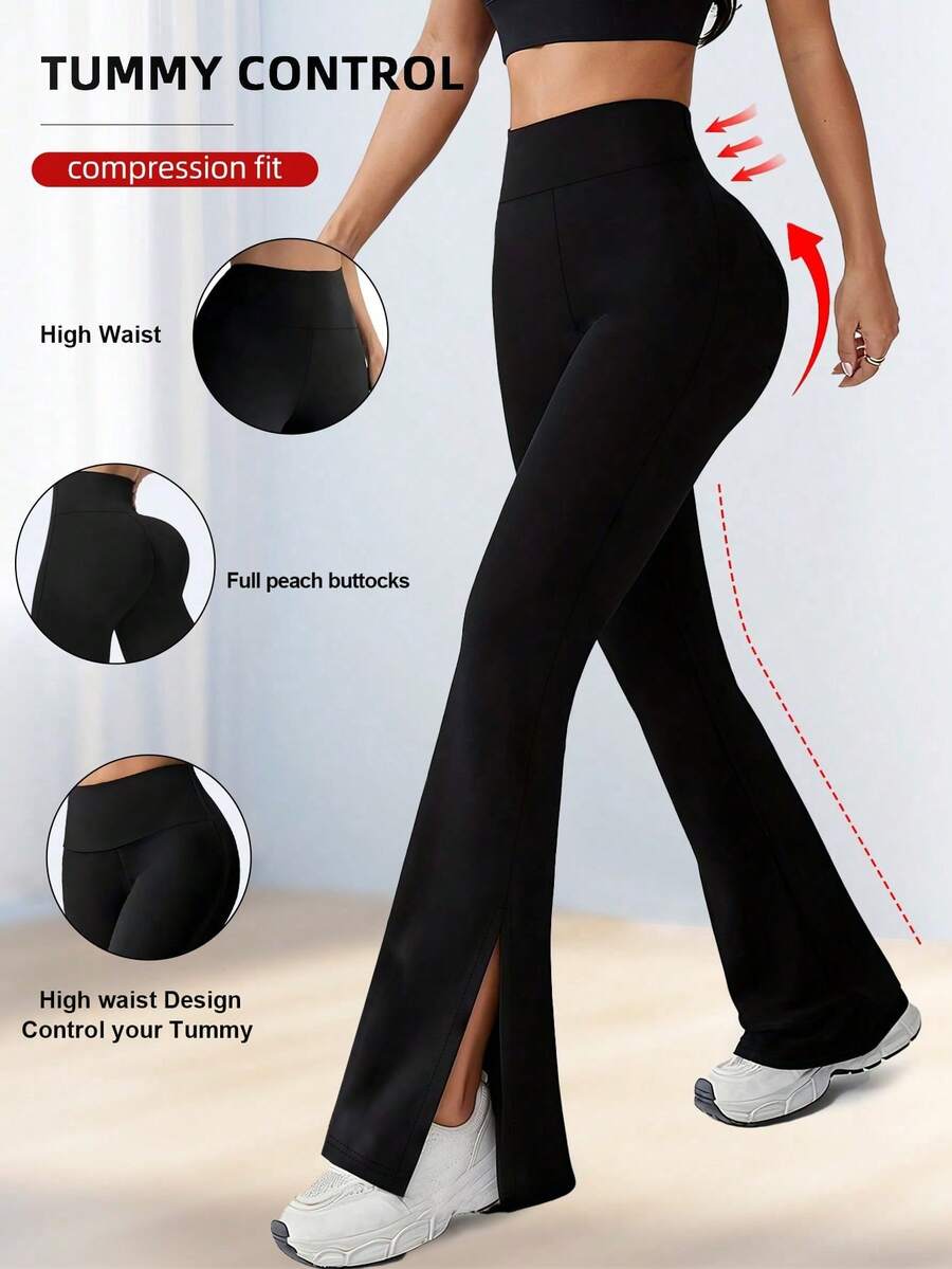 1pc Women's Solid Color Flare Pants, High Elasticity Comfortable Fabric, Anti-Wrinkle, Stretchy Tight-Fitting Sports Pants - Black - View 1