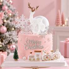 1Pc/8Pcs/Set Christmas Cake Topper Set White Deer Snowflake Merry Christmas Sign Mini Train Christmas Tree Cake Decorations For Xmas Party Birthday Cake Baking Suppli - Multicolor - View 2