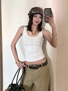 Atasan Crop Tanpa Lengan Model U-Neck dengan Hiasan Berlian Imitasi, Tank Top Cokelat Gaya Amerika Vintage Lusuh untuk Musim Panas Kasual Putih - Putih - View 2