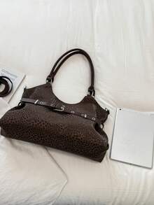 Fashionable Leopard Print Large Capacity Tote Bag, Strap Decor Pleated Versatile Women's Shoulder Bag Underarm Bag, Adjustable Strap Crossbody Bag, Suitable For College, Commuting, Shopping, Street Wear, Daily Use. - Coffee - View 5