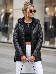 Women's Quilted Jacket Detachable Hood Zip Front Side Pockets Mid-Thigh Straight Fit - Black - View 4