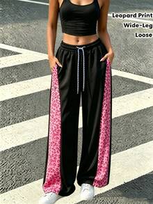Women's Wide-Leg Pants With A Color-Blocked Leopard Print, Perfect For Casual Street Style Or Everyday Wear. - Black - View 2