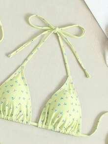 Women's Yellow Spaghetti Strap Ditsy Floral 3 Pieces Bikini Set, Comfortable High Elastic Fabric, Perfect For Spring/Summer Beach Vacation - Multicolor - View 4