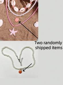 3pcs/Set Pink Starfish & Shell Pendant Beaded Necklace, Beachy Vacation Style Women's Jewelry - Pink - View 3