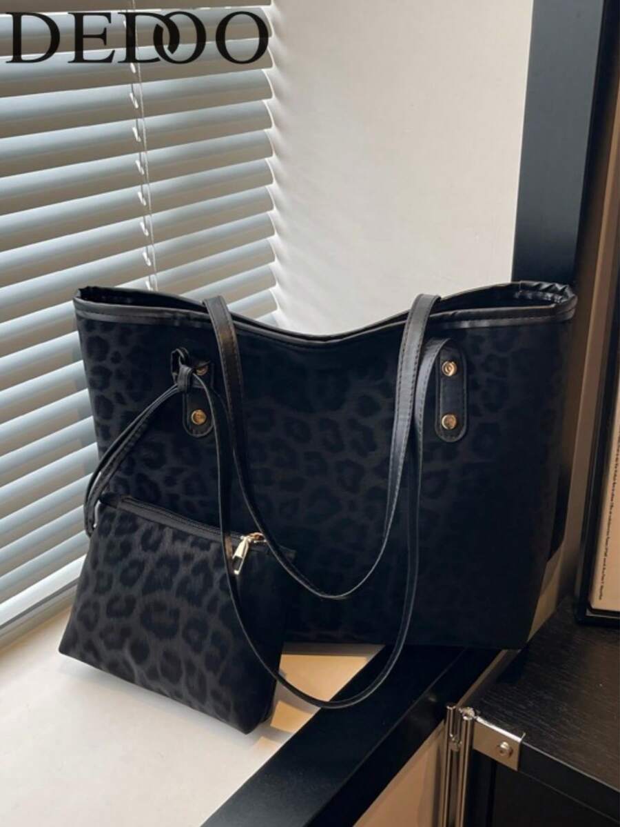 Dedoo Tas Tote Wanita Motif Leopard, Kain Lembut, Detail Rivet, Dompet Kecil yang Serasi, Kapasitas Besar, Kasual, Untuk Kerja, Belanja, dan Bepergian. - Hitam - View 1