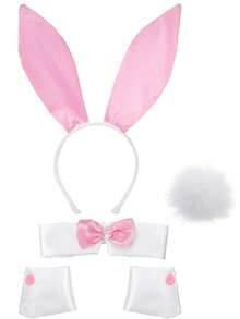 Halloween 5pcs/Set Black/White/Pink/Magenta/Black-Pink Rabbit Ear Headband & Bowknot & Rabbit Tail Decoration Set, Bunny Party Decoration Set, Holiday Party Decoration Set, Photo Decoration Set, Suitable For Halloween, Holiday Party, Bunny Party, Photo Decoration Props - Multicolor - View 12