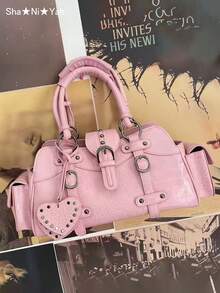 Y2K Vintage Millennium Style Motorcycle Crocodile Embossed Square Rivet Handbag, Large Capacity Casual Multi-Pocket Sweet Cool Motorcycle Bag, Handheld Underarm Crossbody Bag (Free Heart Pendant) - Watermelon Pink - View 2