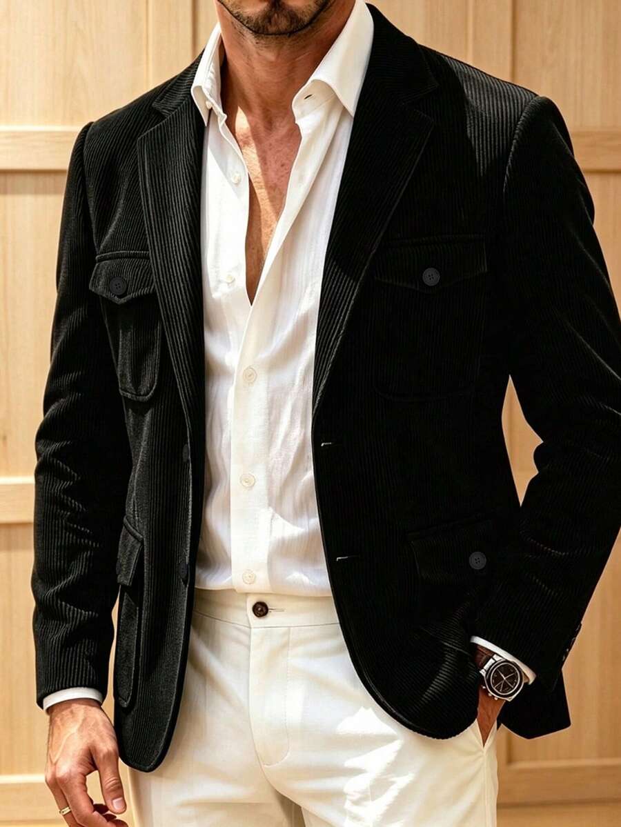 جاكيت بليزر رجالية من المخمل المضلع، جاكيت بدلة كاجوال للأعمال والتنقل والحفلات - الأسود - مشاهدة 1