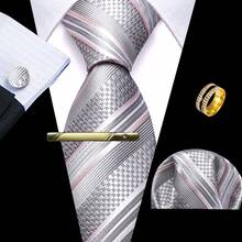 5Pcs Men Light Grey Striped Tie Accessories Set Pocket Square Cufflinks Tie Clip Ring For Prom Banquet Holiday - Light Grey - View 2