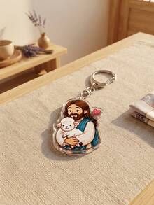 1pc/6pcs Christian Faith Jesus Cute Graphic Aesthetic Acrylic Keychains, Includes Colorful Retro Letter Collage, Open Arms Cartoon Jesus Wearing "Jesus Loves You" Red Strap, Irregular Shaped Pendant - Multicolor - View 11