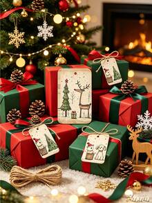 50pcs Cute Christmas Gift Tags With Jute Rope - Fantasy Holiday Design, Includes Bear, Reindeer, Christmas Tree, Angel And Dog, Holiday Paper Party Gift Tags, Suitable For Christmas Gifts, Gift Wrapping And DIY Crafts - Multicolor - View 8