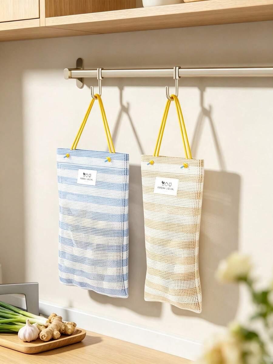 1pc Hanging Mesh Storage Bag, Striped Breathable Wall Organizer Pouch, Drawstring Grocery Holder For Kitchen, Reusable Mesh Tote Bag For Vegetables, Garlic And Ginger, Space Saving Wall Hanging Storage, Lightweight Home Kitchen Accessory
