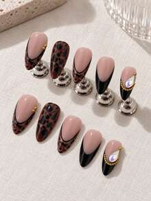 24pcs Autumn/Winter Atmosphere Leopard Print Press-On Nails Black Edge French Style Colorful Rhinestone Gold Bead Medium Long Almond Fake Nails - Multicolor - View 8