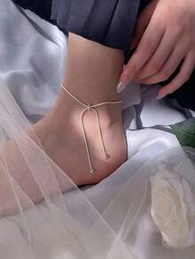 1pc Stainless Steel Snake Chain Anklet, Adjustable Beaded Drawstring Design Minimalist Daily Foot Jewelry, Versatile Beach Foot Chain - Adjustable Bead Anklet - View 5