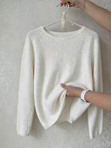 Korean Style New Round Neck Knit Pullover Sweater With Scattered Fine Glitter Sequin Embellishments, Long Sleeve Loose Minimalist Versatile Top For Women - Beige - View 7