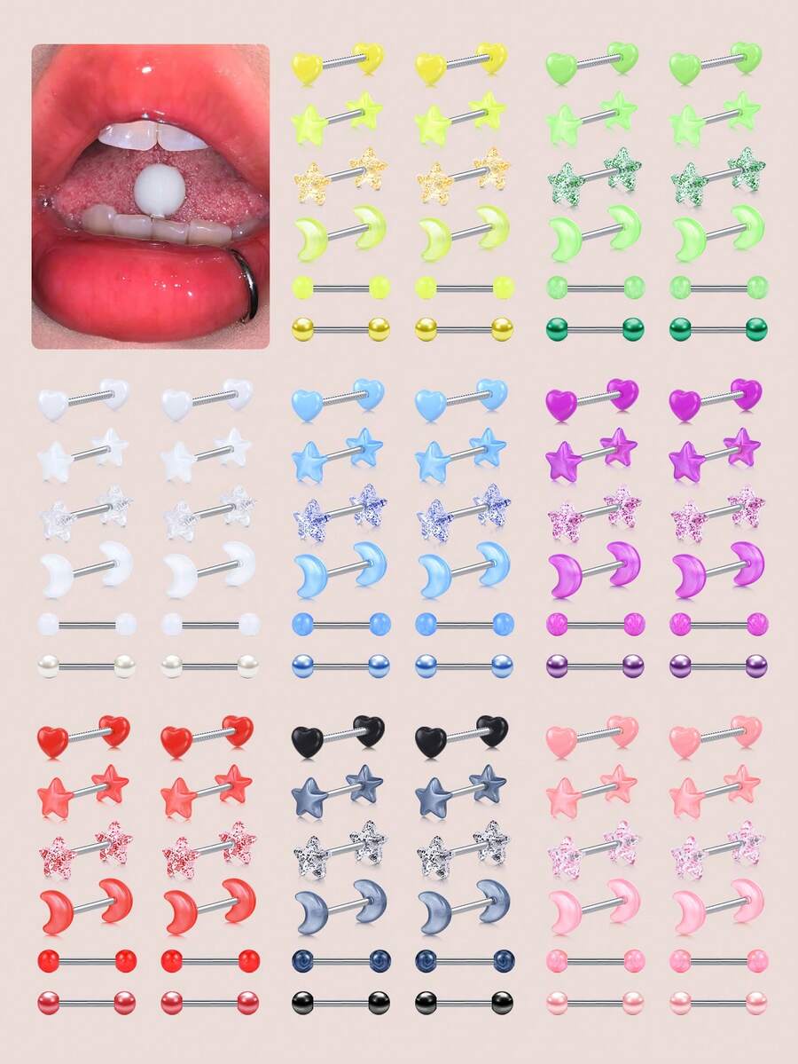 CIZME 12pcs 14G Stainless Steel Straight Barbell Tongue Rings, Y2K Style Tongue Rings Body Piercing Jewelry 14mm Length, For Women Party Social Gathering - 12pcs/set - View 1