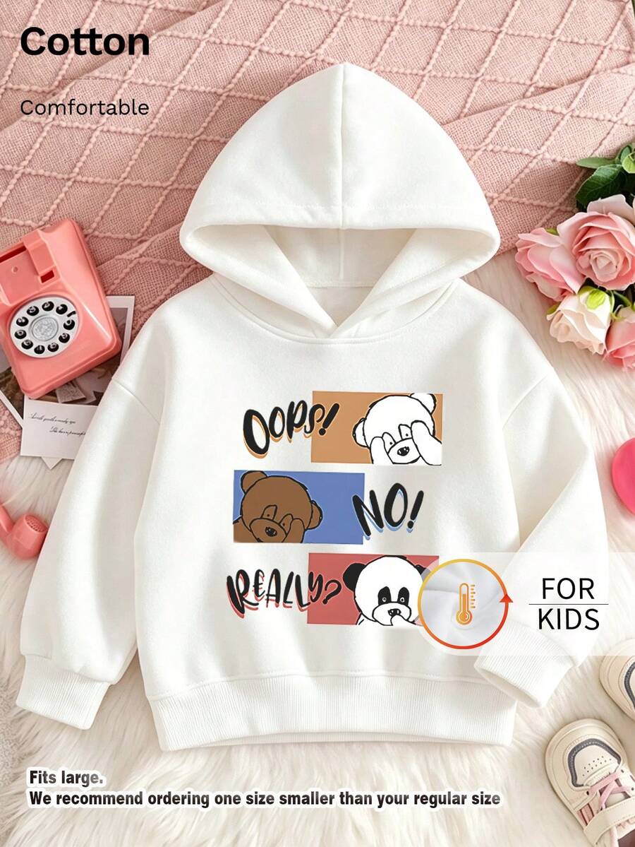 Kids Hooded Sweatshirt, Cartoon Bear Panda Panel Oops No Really Letter Graphic Print Thick Fleece Lined Pullover For Kids - White - View 1