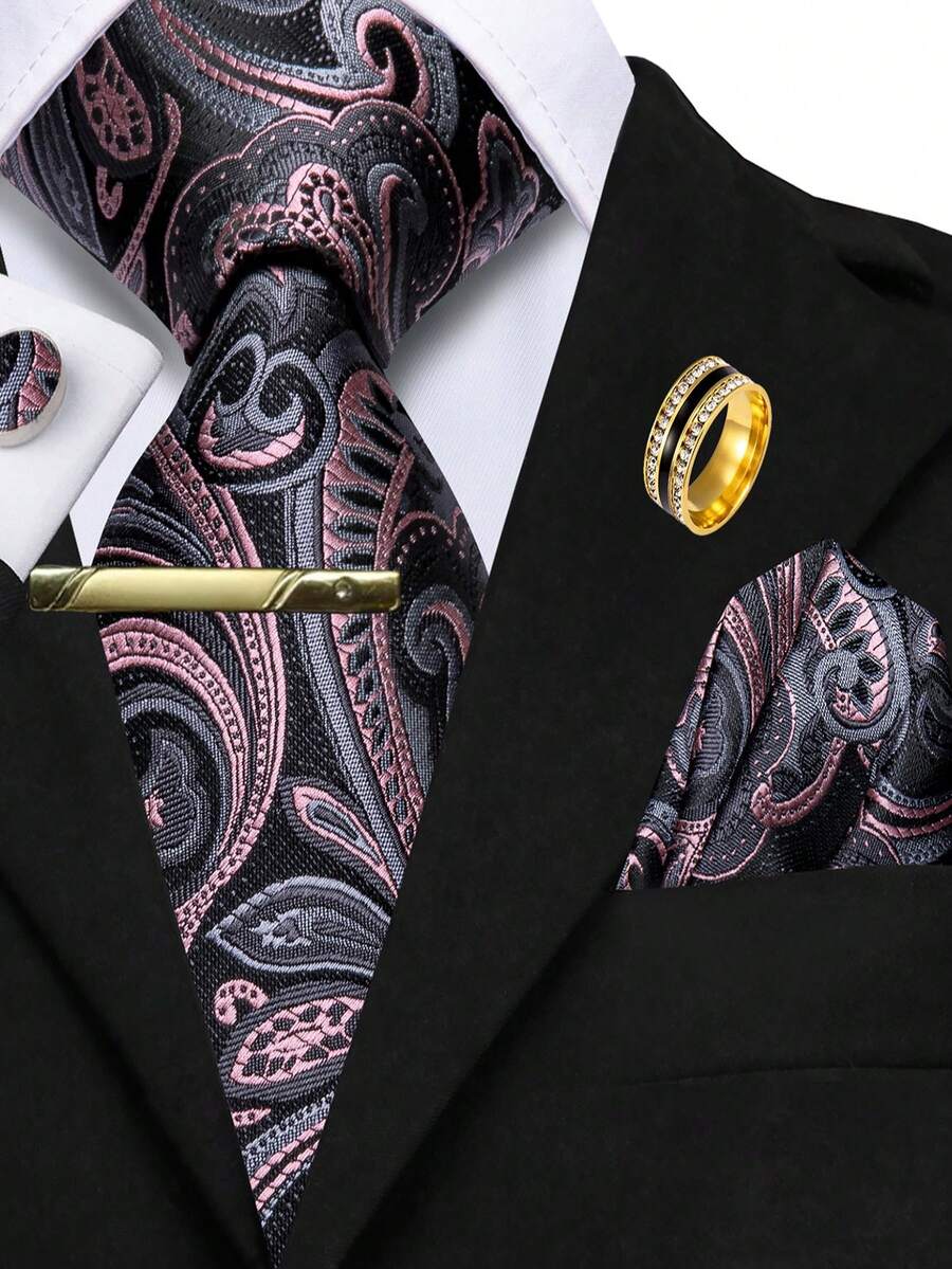 5Pcs Men Dusty Rose Paisley Jacquard Tie Pocket Square Cufflinks Tie Clip Ring Set, Cufflinks Pattern Random For Wedding - Rusty Rose - View 1