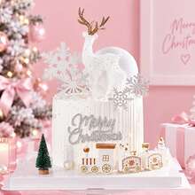 1Pc/8Pcs/Set Christmas Cake Topper Set White Deer Snowflake Merry Christmas Sign Mini Train Christmas Tree Cake Decorations For Xmas Party Birthday Cake Baking Suppli - Multicolor - View 3