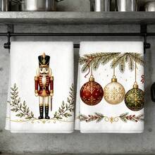 2pcs Christmas Kitchen Towel Set, Nutcracker & Christmas Ball Print Holiday Home Kitchen Decor Hand Towels, Holiday Gift - White - View 3