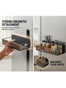 Rustic Industrial Magnetic Refrigerator Storage Rack, Detachable No-Drill Side Organizer, Vintage Wood + Heavy-Duty Metal Kitchen Spice Rack, Space-Saving Spice, Towel And Tool Storage Shelf - Multicolor - View 8