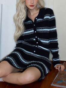 Women's New Autumn/Winter Minimalist Striped Sweater Cardigan And Skirt 2 Pieces Set - Navy Blue - View 4