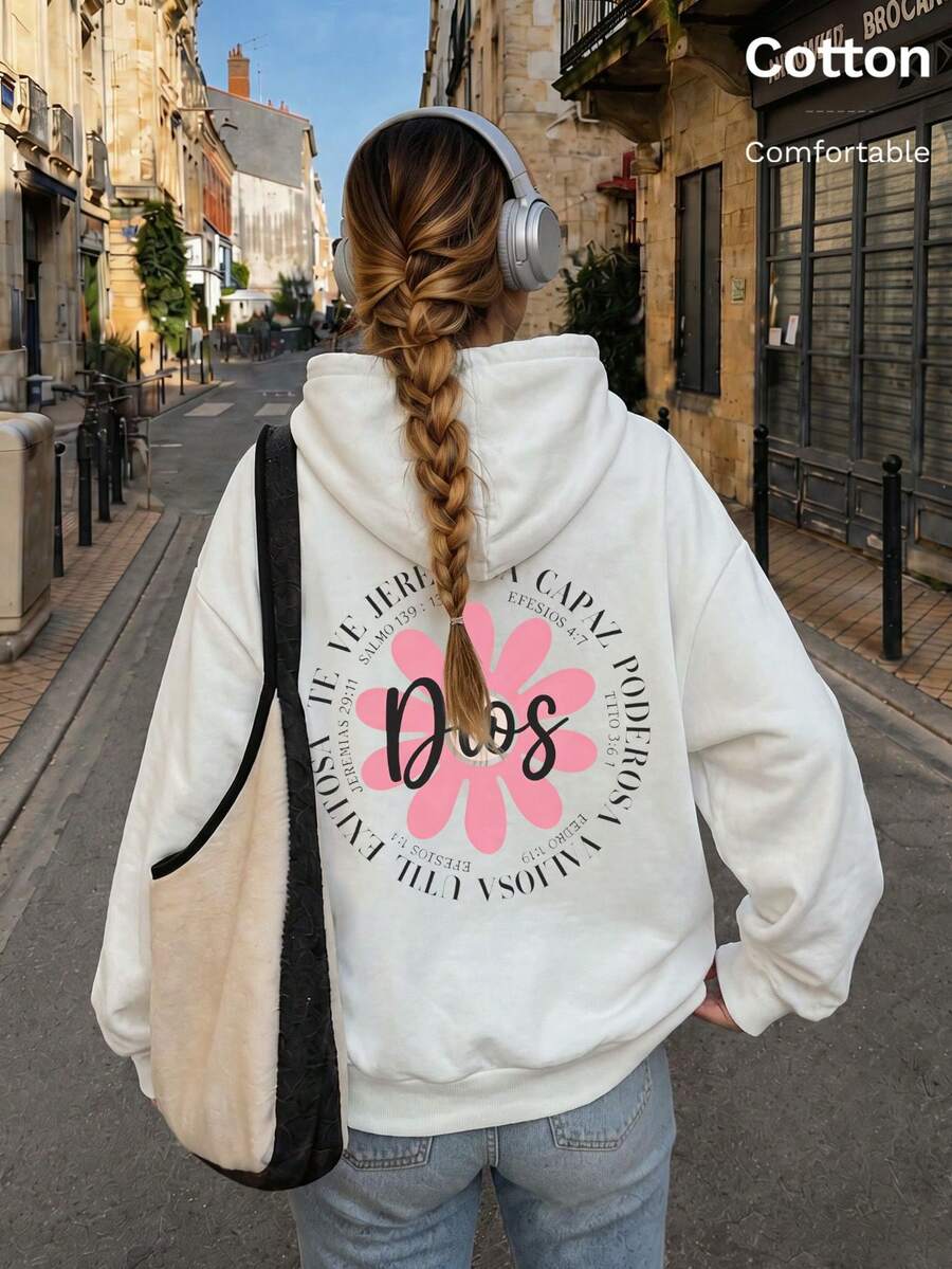 Sweet-Cool Style Printed Hoodie For Women: Relaxed, Dropped-Shoulder, Loose-Fit, Versatile, Drawstring, Pockets, Casual Pullover Top - White - View 1