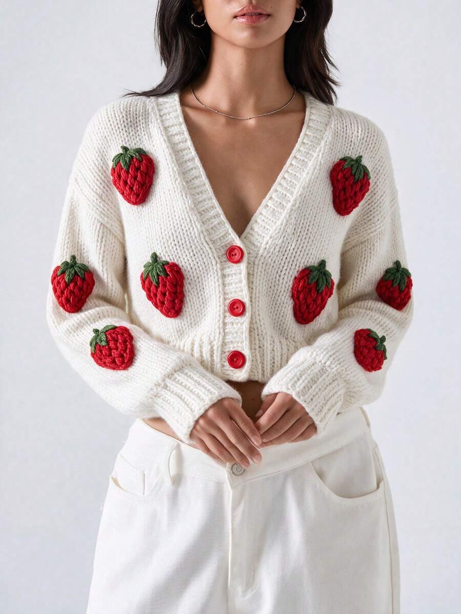 Vuslab Ladies Autumn Cute Sweet Contrasting Cream Ice Cream Short Sweater Cardigan Jacket, Back To School, Out, Christmas, Commuting - White - View 1