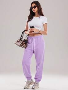 KyrLssu Pantalon de jogging femme à taille élastique avec cordon de serrage, couleur unie, coupe ample, ourlet resserré, poches latérales, pantalon décontracté pour le quotidien et la détente - Prune - Voir 2