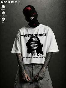 1pc Men's Oversized T-Shirt, Gothic "Challenger" Graphic Print, Y2K Hip Hop Breathable Short Sleeve Streetwear Tee - White - View 1