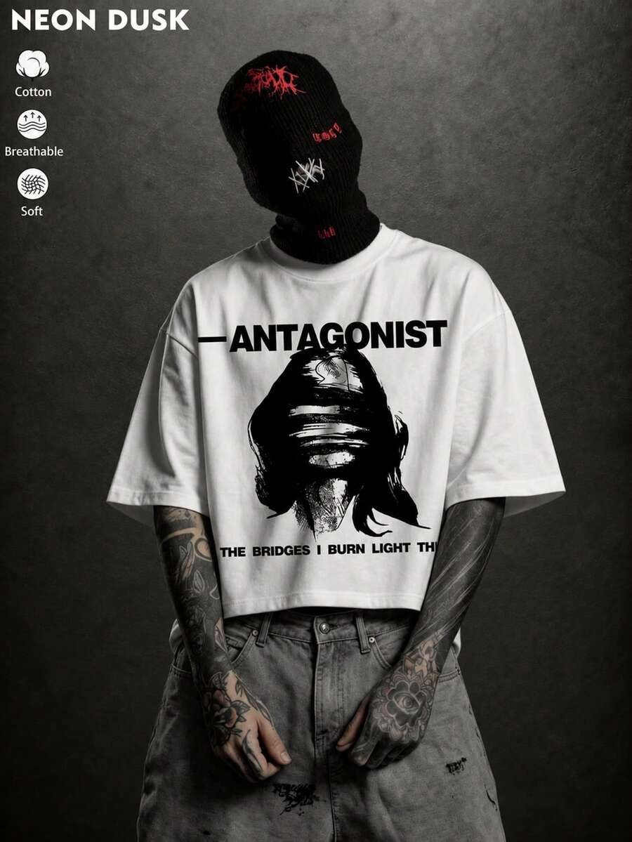 1pc Men's Oversized T-Shirt, Gothic "Challenger" Graphic Print, Y2K Hip Hop Breathable Short Sleeve Streetwear Tee - White - View 1