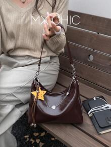 1pc Women's Solid Color PU Shoulder Crossbody Bag, Fashionable Retro Oil Wax Leather Chain Decor Crescent Bag, Suitable For Commuting And Shopping - Coffee Brown - View 1